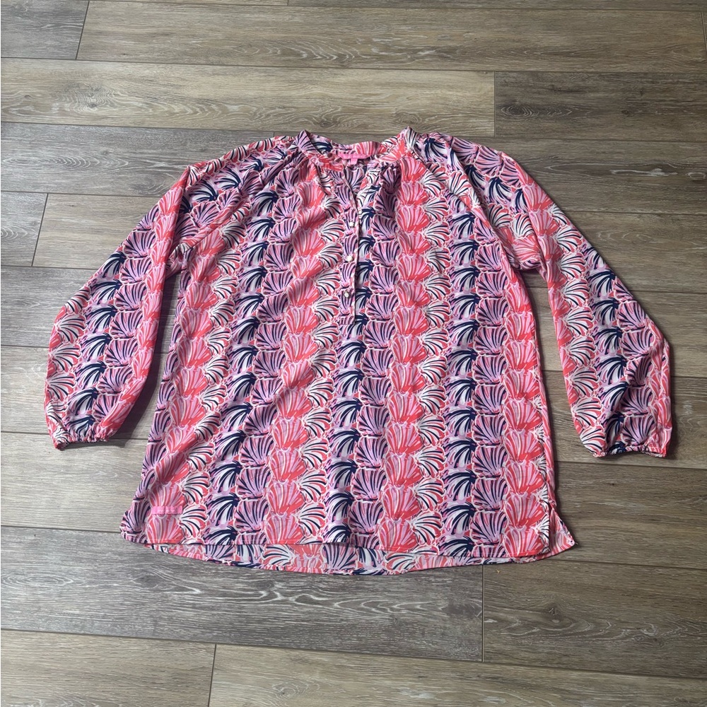 Simply Southern Peasant Blouse Sz XXL Pink Scallop Shell Coastal Beach Cottage